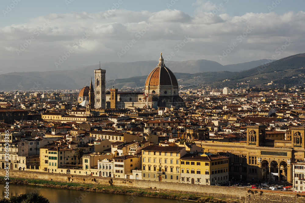 Panorama of historical center of Florence from Piazzale Michelangelo. Panorama at Duomo. Fantastic view of Florence in Italy with Arno River and the Cathedral with the big dome. 