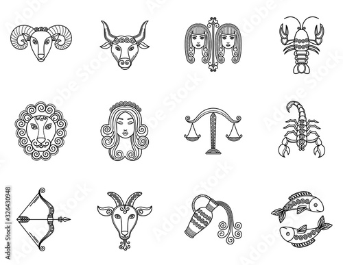 Twelve astrological signs that associated with constellation. Aquarius and gemini, virgo and scorpio, cancer and taurus, aries and libra, leo and pisces, capricort and sagittarius. Vector illustration