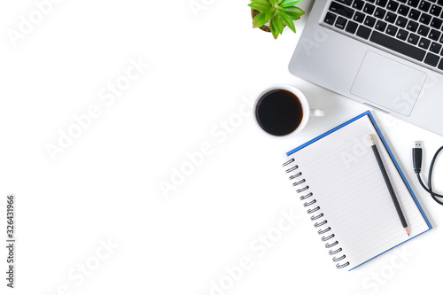  Blank notebook with laptop computer, cup of coffee isolated