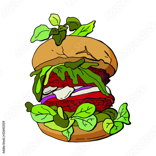 Vegan burger with beetroot cutlet and vegetables. Without meat. Vector cartoon illustration. Stock illustration. Isolated on a white background. Design for kitchen, cafe, poster.
