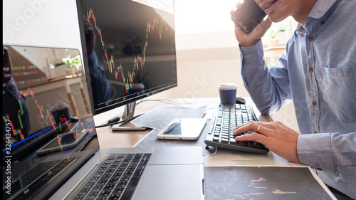 Working business man, team of broker or traders talking about forex on multiple computer screens of stock market invest trading financial graph charts data analysis.