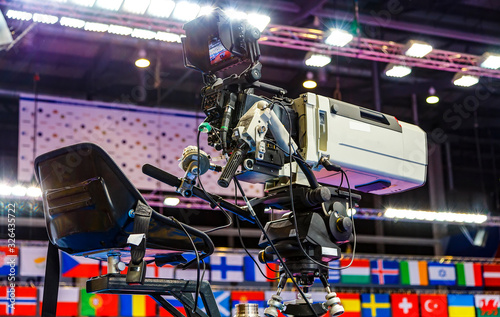 Photography operator's seat of a huge professional video camera for broadcasting sports even