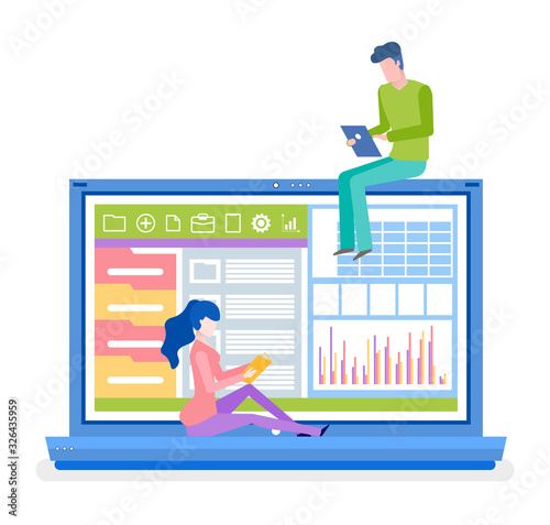 Computer screen with information vector, male and female with laptops and tablet, people dealing with analysis and stats info, workpace online job