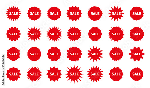 Sale star burst price stickers. Vector. Discount promo boxes, stamps. Circle, round splash badges. Red tag product labels. Set of starburst shapes isolated on white background. Flat illustration.