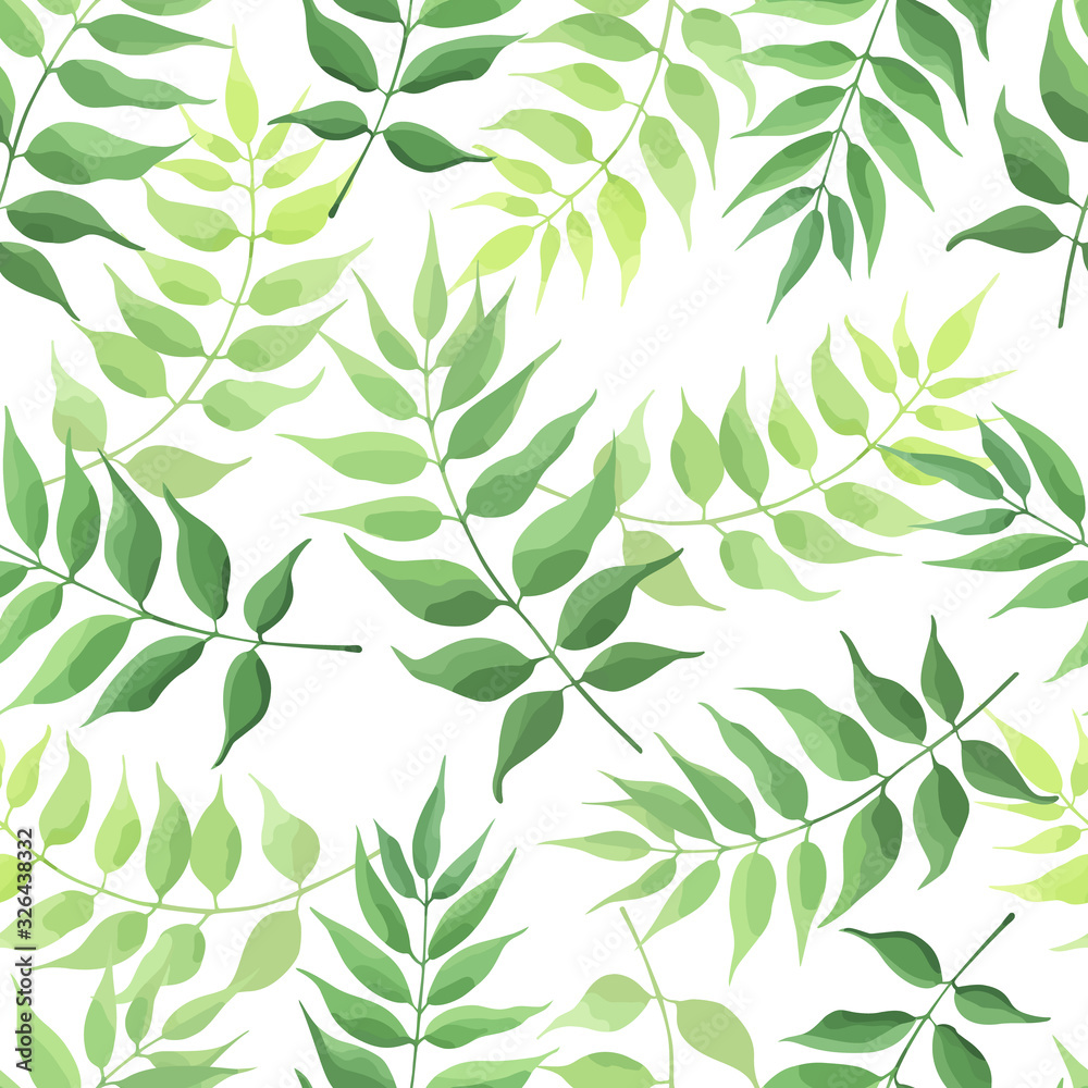 Seamless pattern of green leaves, foliage natural branches, herbs on white background. Floral wallpaper. Vector illustration.
