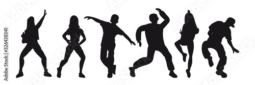 Silhouettes of women and men dancing modern dances: hip-hop, break dance. Vector graphic elements for the design of posters, invitations, banners for courses, schools, competitions, shows, parties