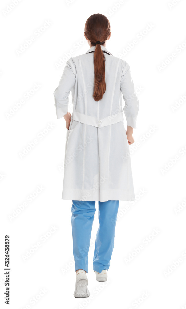 Doctor in clean uniform walking on white background Doctor in clean uniform walking on white background
