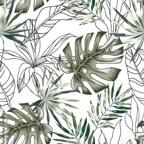 Green monstera, outline palm leaves, white background. Vector seamless pattern. Tropical jungle foliage illustration. Exotic plants greenery. Summer beach floral design. Paradise nature graphic