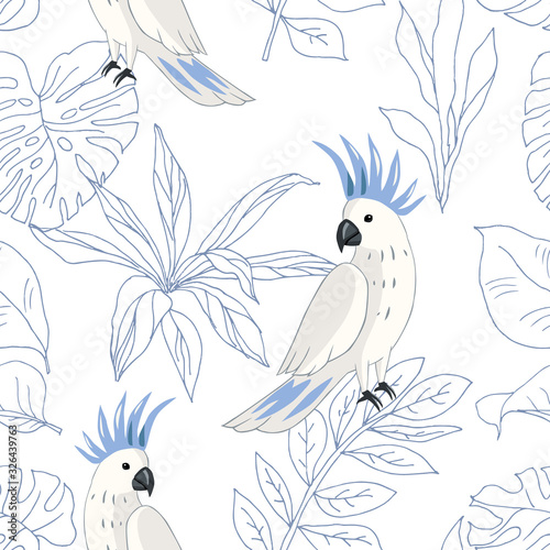 Tropical parrot birds, blue outline palm leaves, white  background. Vector seamless pattern. Jungle illustration. Exotic plants. Summer beach floral design. Paradise nature