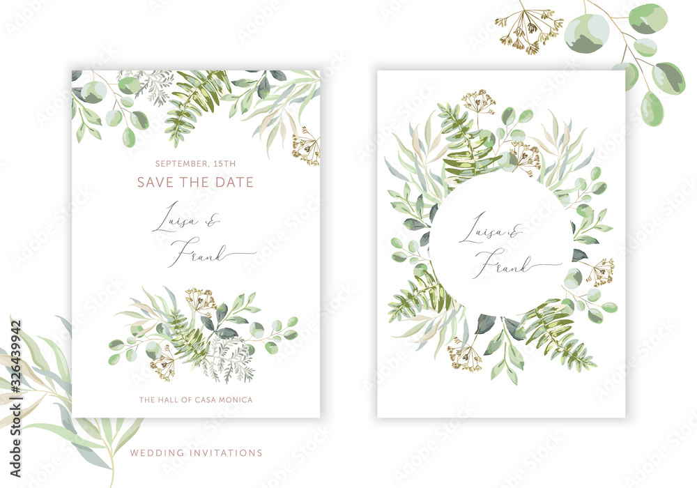 Wedding greenery cards, poster design. Green leaves, fern bouquet, frame, white background. Vector illustration. Romantic floral arrangements. Invitation template