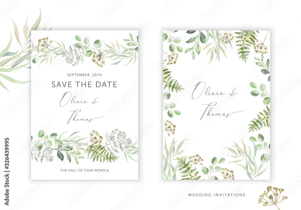 Wedding greenery cards, poster design. Green leaves, fern border, frame, white background. Vector illustration. Romantic floral arrangements. Invitation template