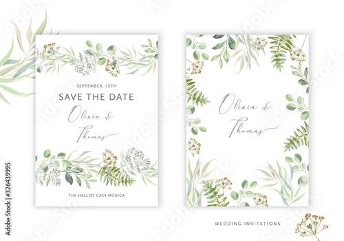 Wedding greenery cards  poster design. Green leaves  fern border  frame  white background. Vector illustration. Romantic floral arrangements. Invitation template