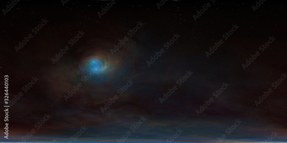 360 degree stellar system and glowing nebula. Panorama, environment 360 HDRI map. Equirectangular projection, spherical panorama