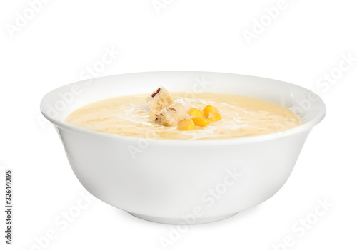 Delicious corn cream soup isolated on white