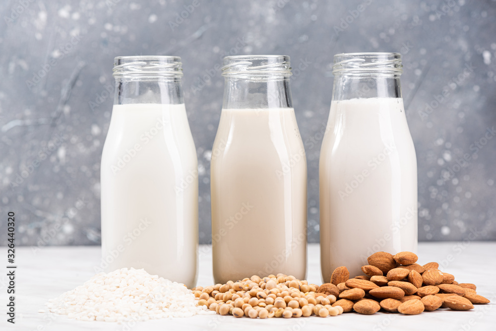 Almond, Soya and Rice Plant Based Milk. Alternative Non Dairy Helthy Food. Organic Fresh Milk Almond, Soya and Rice Plant Based Milk. Alternative Non Dairy Helthy Food. Organic Fresh Milk