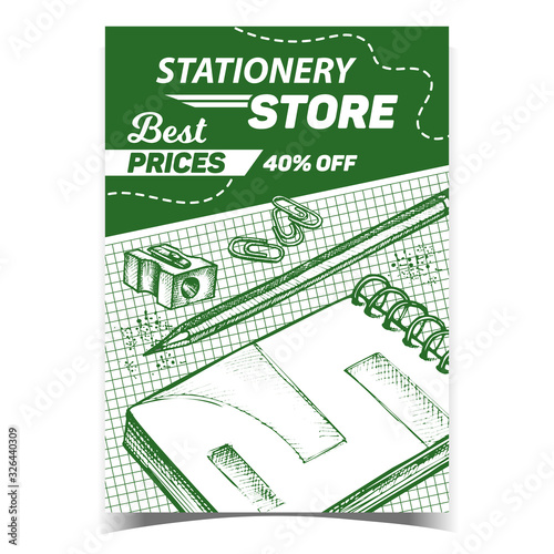 Stationery Store Prices Advertising Banner Vector. Notebook, Pencil Sharpener And Paper Clips Stationery Tools On Note List Monochrome Illustration