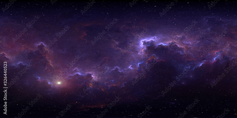 Fototapeta 360 degree space background with nebula and stars, equirectangular projection, environment map. HDRI spherical panorama.