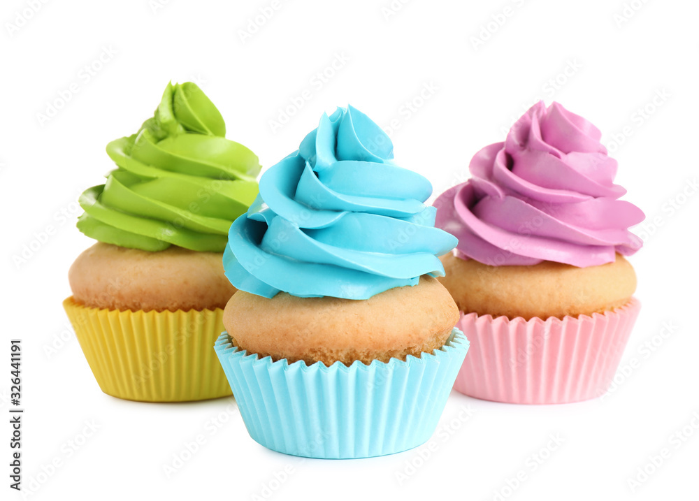 Delicious birthday cupcakes with buttercream on white background