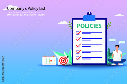 Business concept of company's policy, businessman is working with his laptop and sit near a big company's policy in pastel color background.