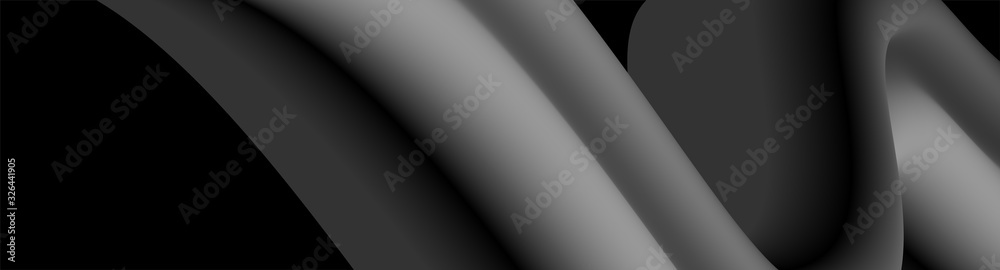 Panorama. Black and grey abstract background with 3d flow gradient shapes. Trendy horizontal design template for banners, flyers, covers, presentations, identity, landing pages. Vector illustration. Panorama. Black and grey abstract background with 3d flow gradient shapes. Trendy horizontal design template for banners, flyers, covers, presentations, identity, landing pages. Vector illustration.