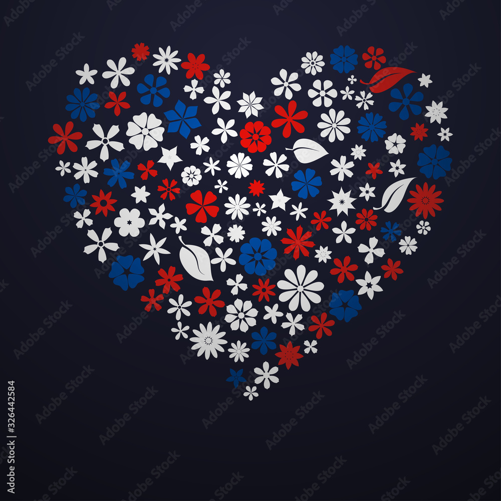 Big heart made up of flowers and leaves, white, blue and red on black background Big heart made up of flowers and leaves, white, blue and red on black background