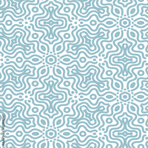 Blue linear ornament with abstract ethnic water inspired wavy shapes on a white background seamless vector pattern. Decorative light surface print design.