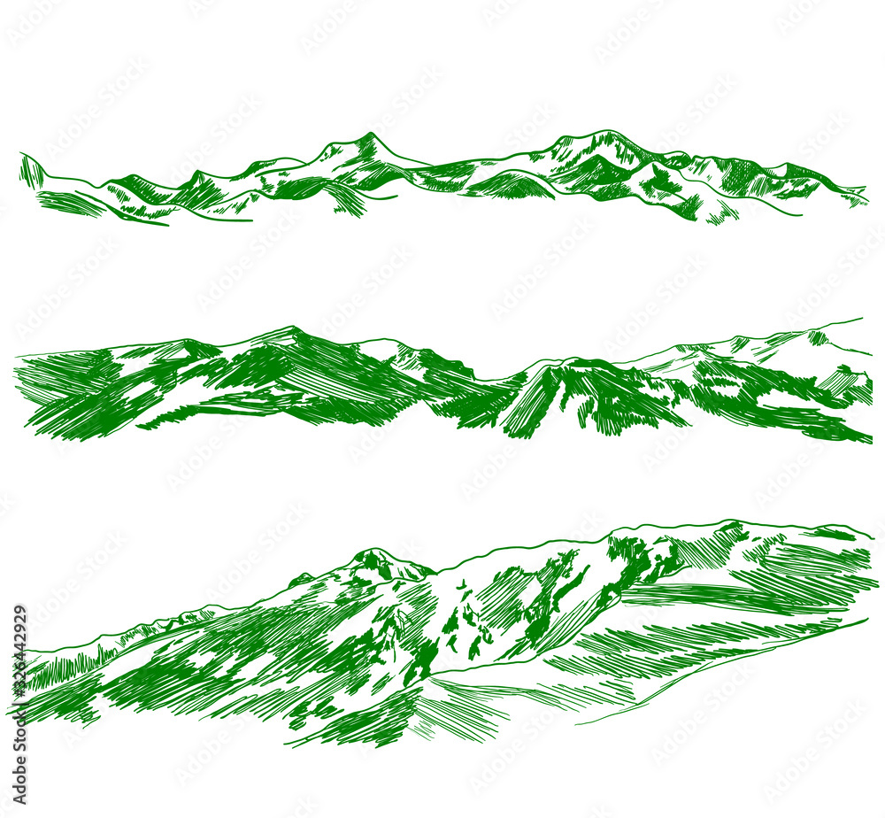 Fototapeta premium Vector green mountains sketches set isolated on white background, summer vacation, active recreation, adventure.