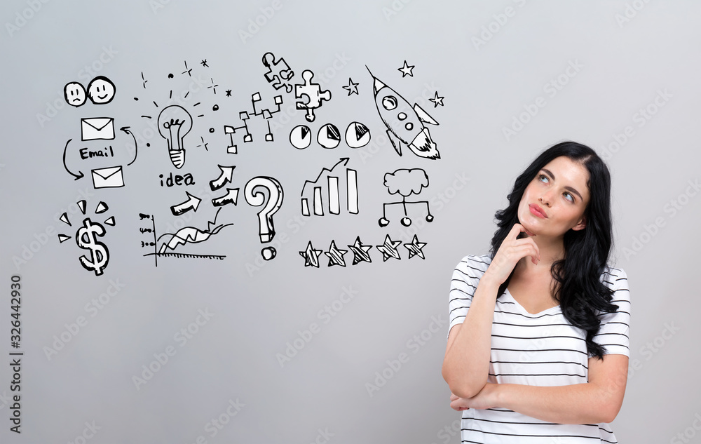 Business strategy ideas with young woman in a thoughtful face Business strategy ideas with young woman in a thoughtful face