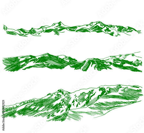 Vector green mountains sketches set isolated on white background, summer vacation, active recreation, adventure.