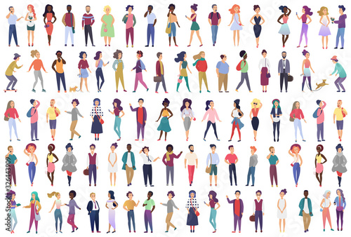 Fashionable group of male and female cartoon characters dressed in trendy clothing in different poses. Crowd of tiny people wearing stylish clothes flat gradient color vector illustration