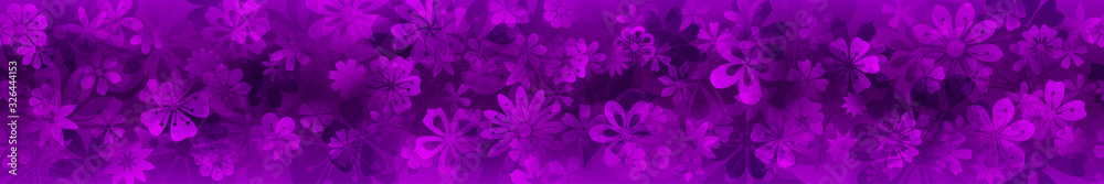 Spring banner of various flowers in purple colors with seamless horizontal repetition
