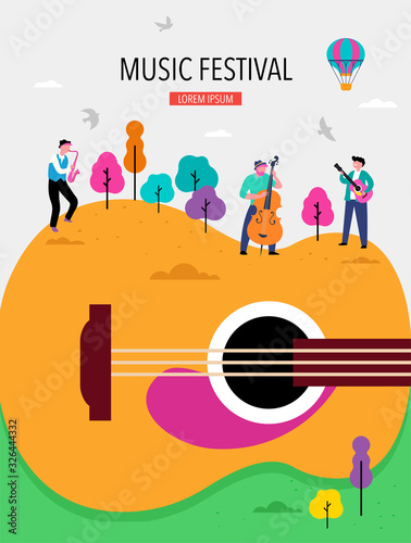 Summer fest, concept of live music festival, jazz and rock, food street fair, event poster and banner. People dance and play music. Vector design and illustration