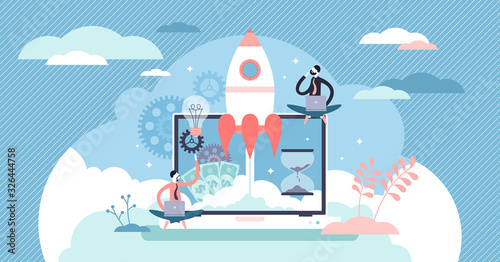 Startup company launch concept, flat tiny person vector illustration