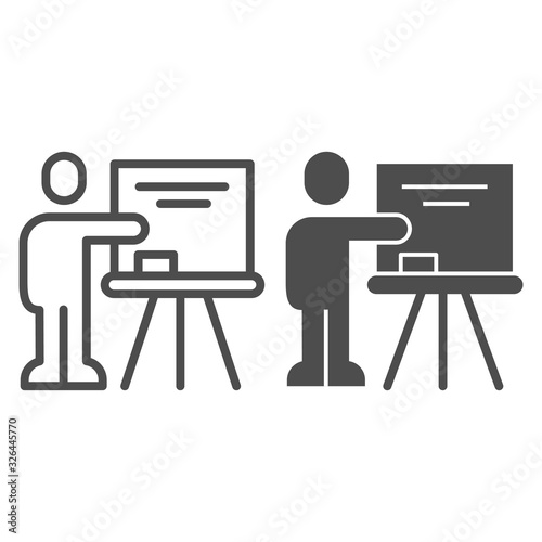 Teacher at blackboard line and solid icon. Visual presentation, lector pointing at board. Education vector design concept, outline style pictogram on white background.