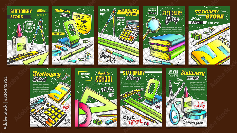 Stationery Shop Advertising Posters Set Vector. Collection Of Different Advertise Banners With Stationery Knife And Pen, Calculator And Books, Ruler And Scissors. Mockup In Retro Style Illustrations