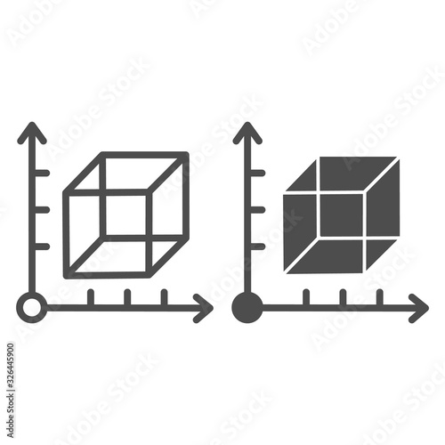 Cube and coordinates system line and solid icon. Isometric drawing slide. Geometry subject vector design concept, outline style pictogram on white background.