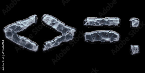 Set of symbols angle bracket, equals, colon made of forged metal isolated on black background. 3d