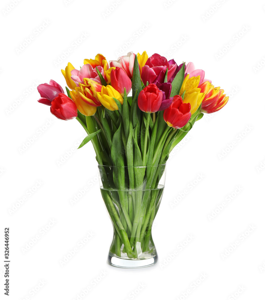 Beautiful spring tulips in vase isolated on white Beautiful spring tulips in vase isolated on white