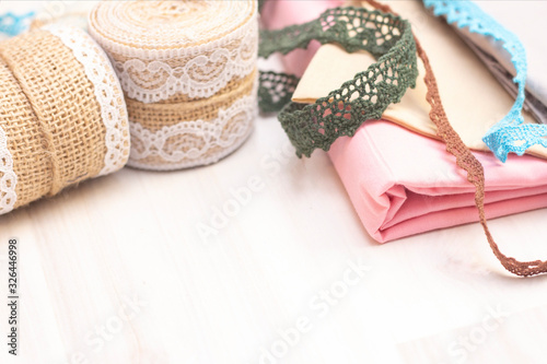 Background sewing. Ribbons, lace for sewing and creativity. Background with copy space.