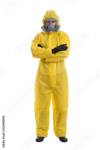 Man wearing chemical protective suit on white background. Prevention of virus spread © New Africa