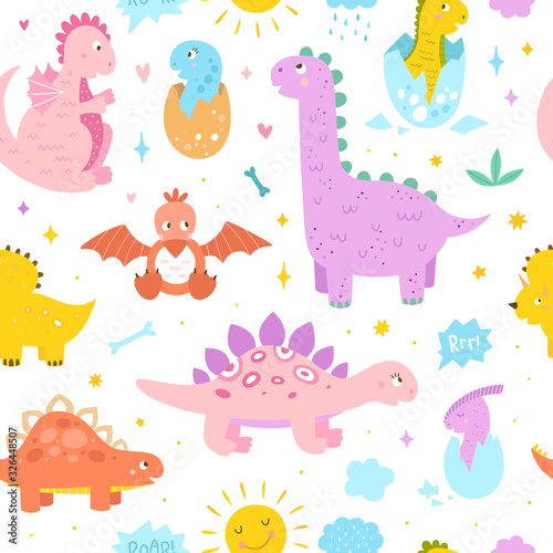 Cute dinosaurs seamless pattern. Vector background with little dinos illustrations for kids