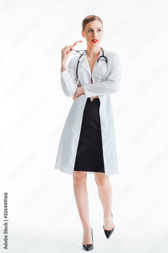 sexy nurse holding glasses near red lips on white sexy nurse holding glasses near red lips on white