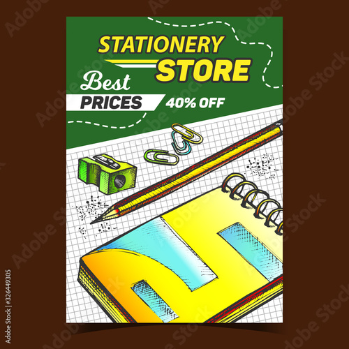 Stationery Store Prices Advertising Banner Vector. Notebook, Pencil Sharpener And Paper Clips Stationery Tools On Note List Concept Template Hand Drawn In Vintage Style Colored Illustration