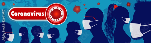 Crowd of people protecting themselves against pandemic epidemic infection.Group of people wearing medical masks.Virus contamination.Coronavirus wall paper.Vaccination. Antivirus.Banner