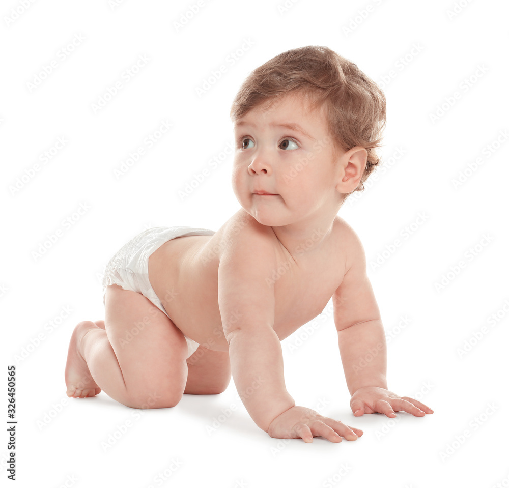 Cute little baby in diaper on white background Cute little baby in diaper on white background