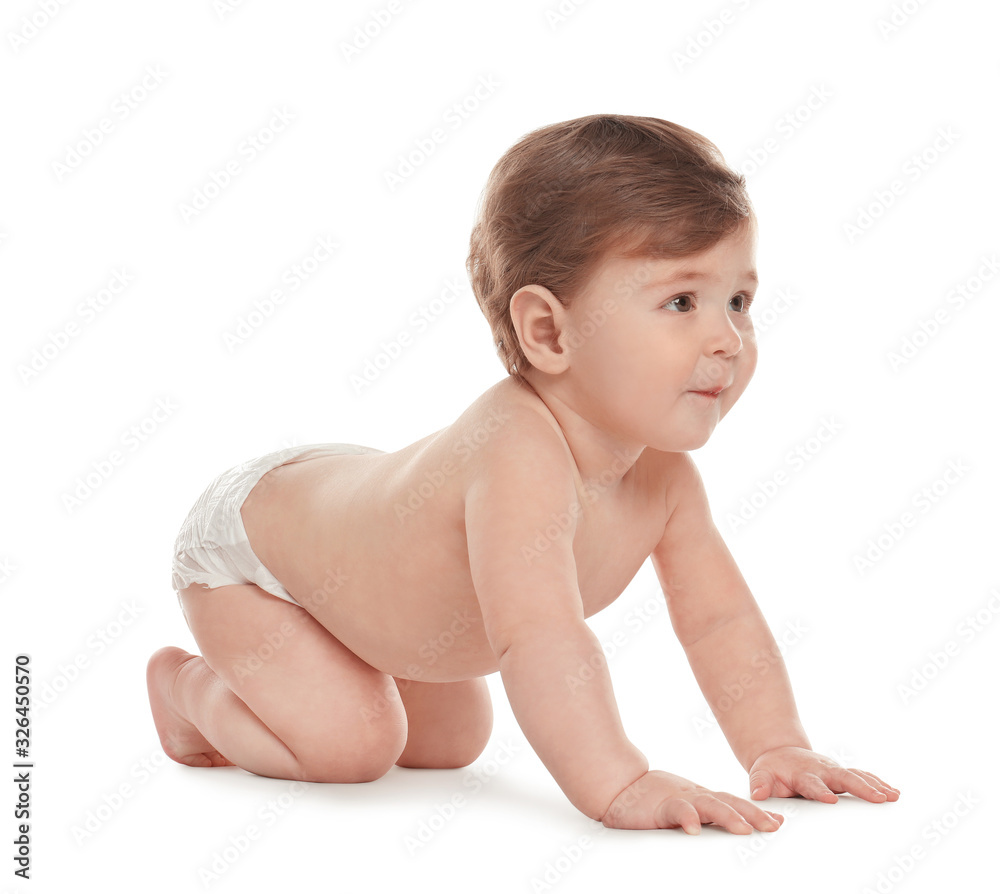 Cute little baby in diaper on white background Cute little baby in diaper on white background