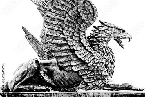 black and white statue of Griffin with textured wings on isolated white background. body of lion and eagle head, film grain effect