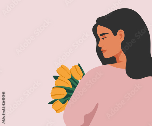 Beauty woman holding a bouquet of spring flowers. Vector concept of pastel colors for the Mother's day, Valentine's day, March 8 women's day.