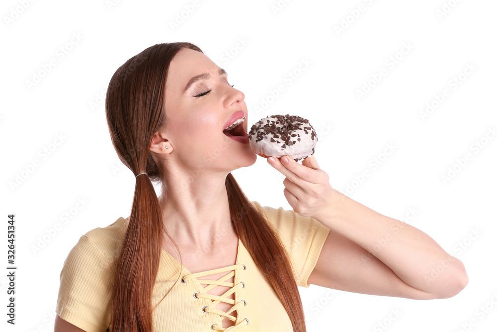 Beautiful young woman with donut on white background Beautiful young woman with donut on white background