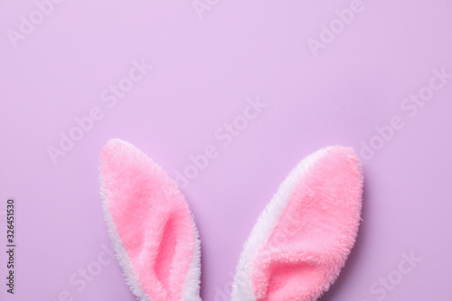 Easter bunny ears on violet background, top view. Space for text